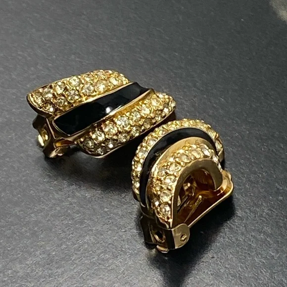 Christian DIOR Vintage earrings with crystals and black enamel - Picture 5 of 15